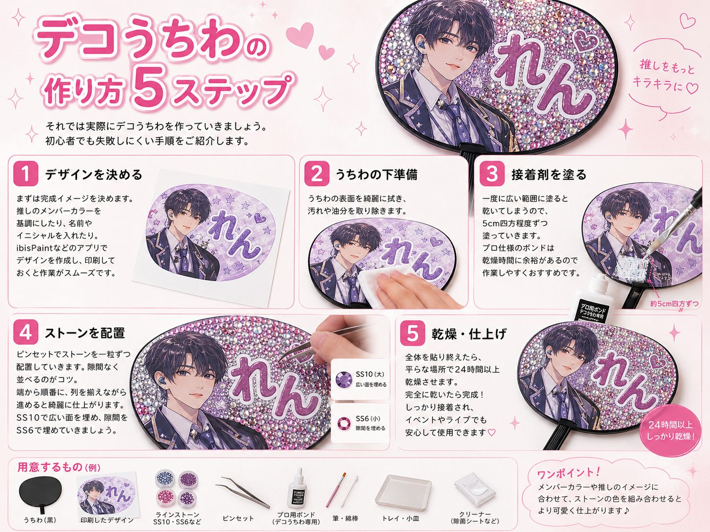 デコうちわの作り方5ステップ：デザイン決定→下準備→接着剤→ストーン配置→乾燥・仕上げ