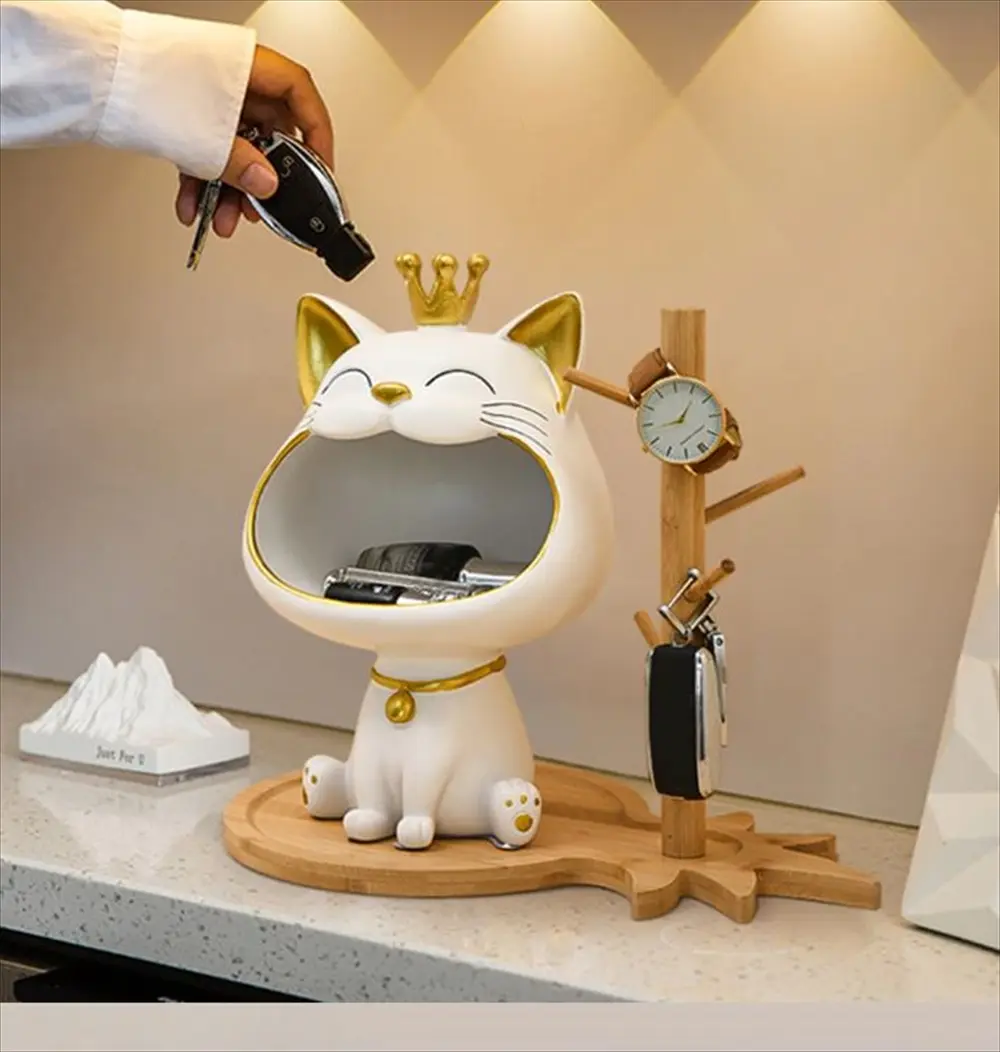 王冠ねこの置物 大口小物入れ ホワイト 木製スタンドセット