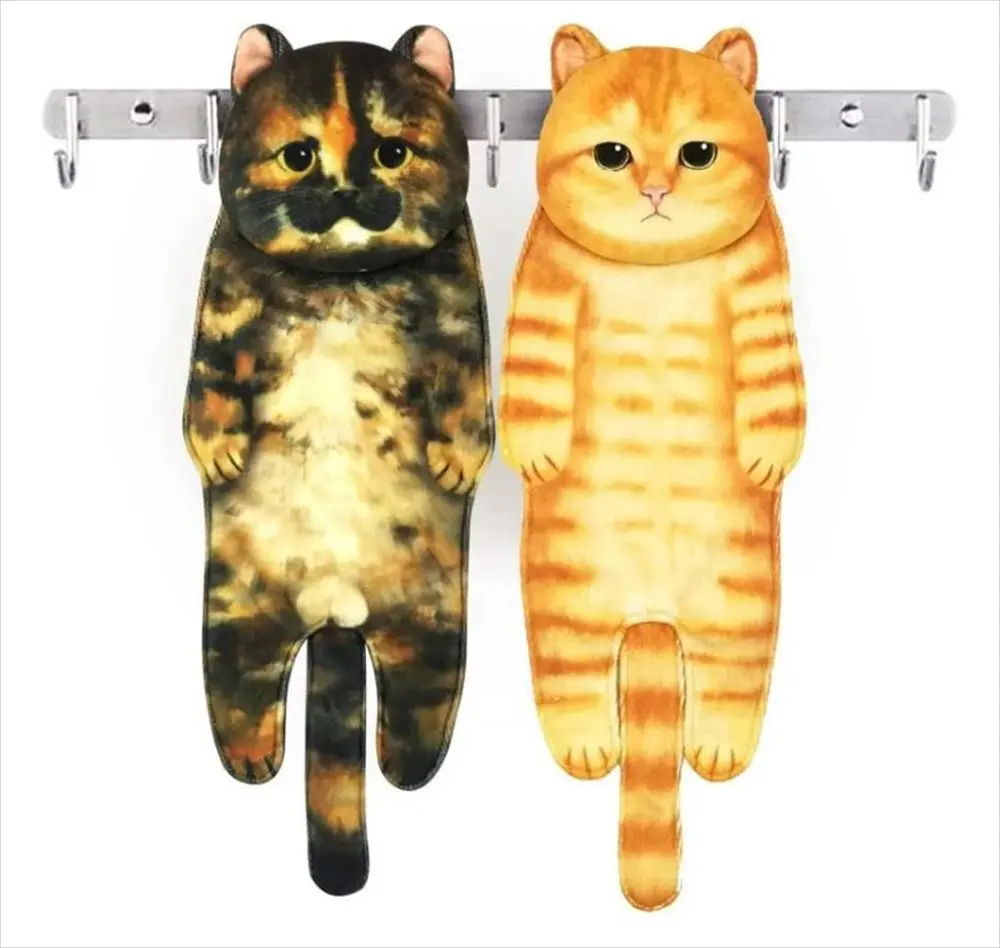 茶トラ・三毛猫型タオル 二個並べ