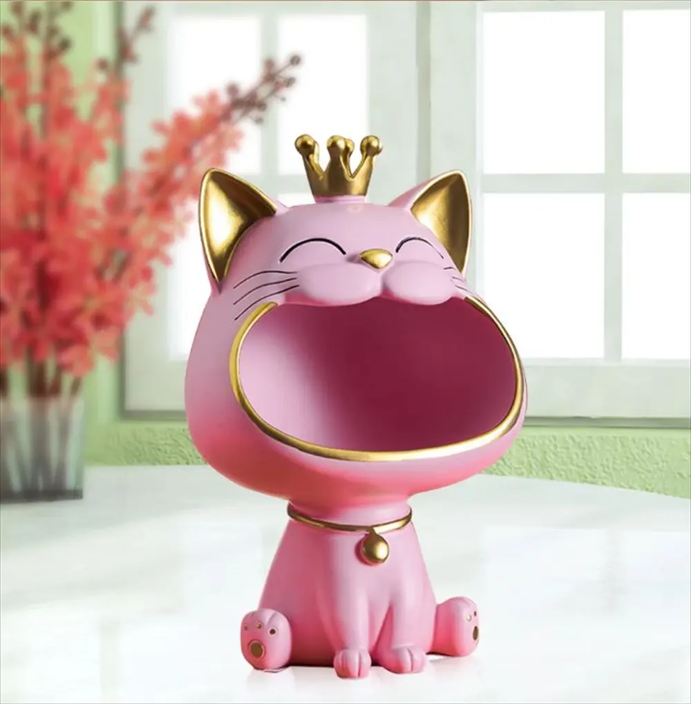 ピンクカラー 王冠ねこ置物