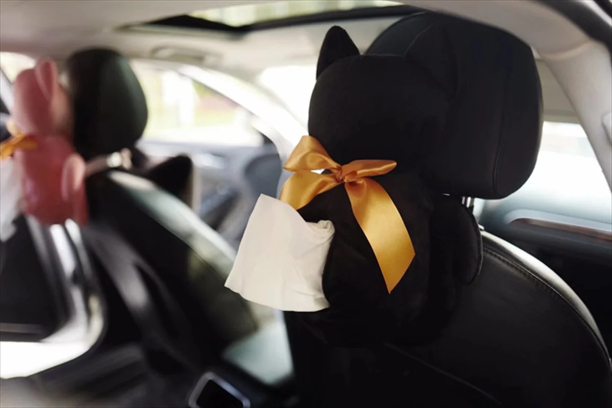 猫型ティッシュケース ブラック 車のヘッドレストに装着