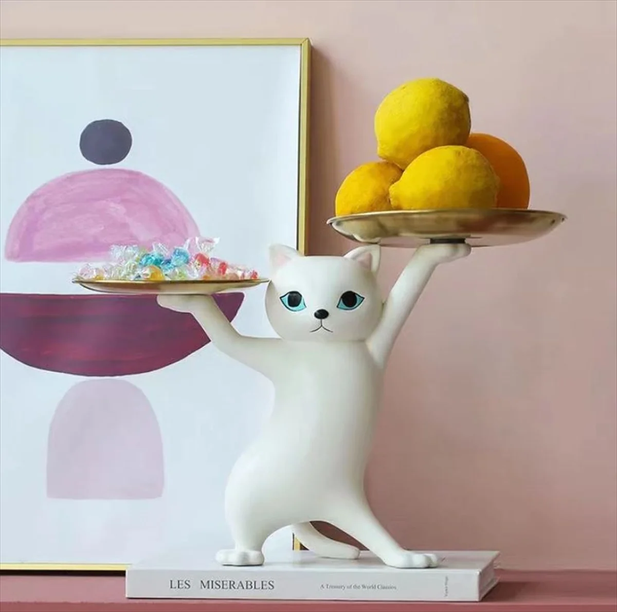 猫のトレイ 白猫 フルーツ置き インテリア使用例