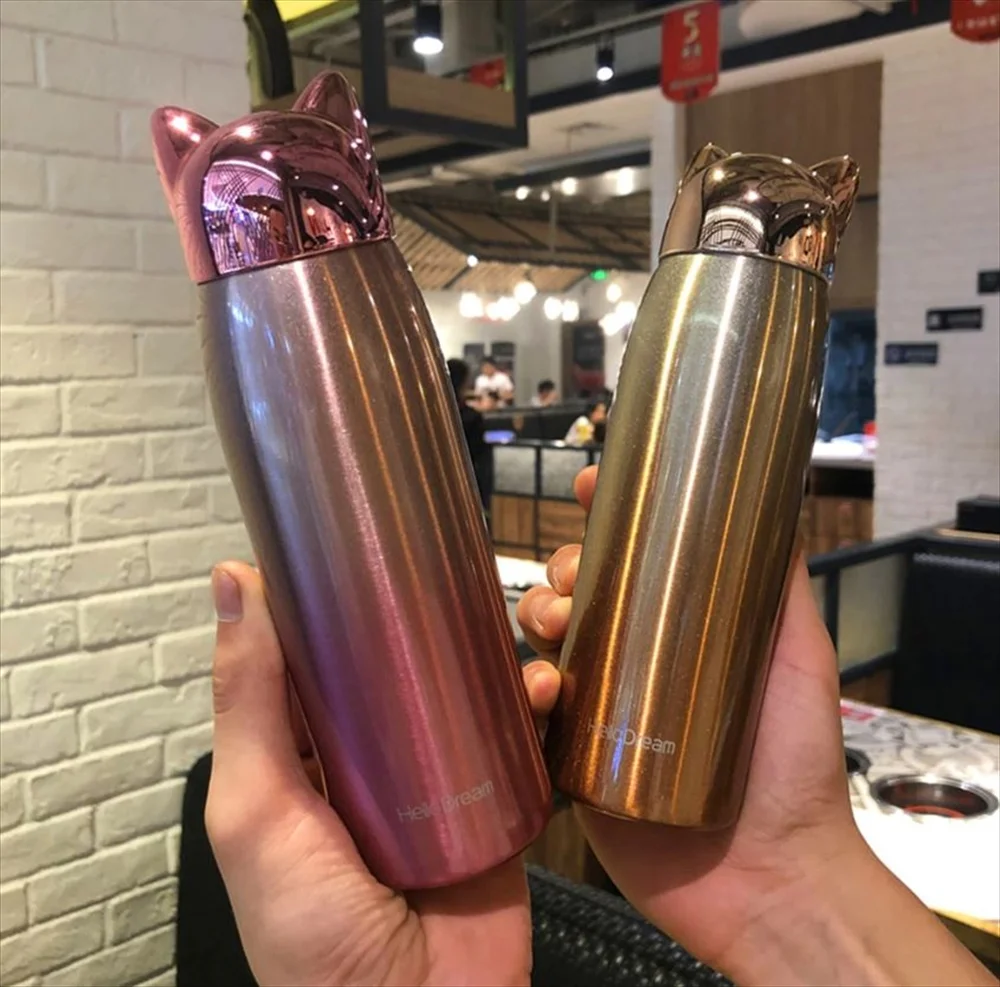 HelloDream猫耳水筒 ピンク・ゴールド2色の全体像