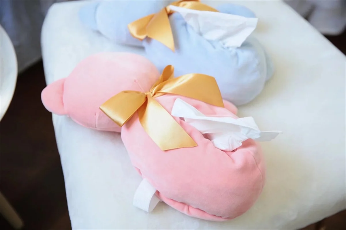 猫型ティッシュケース ピンクとブルー リボン付き