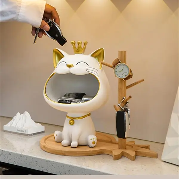 王冠をかぶった大口ねこ置物で玄関スッキリ｜鍵・アクセサリーの小物入れに人気のおしゃれなレジン製インテリア雑貨【全10色展開】