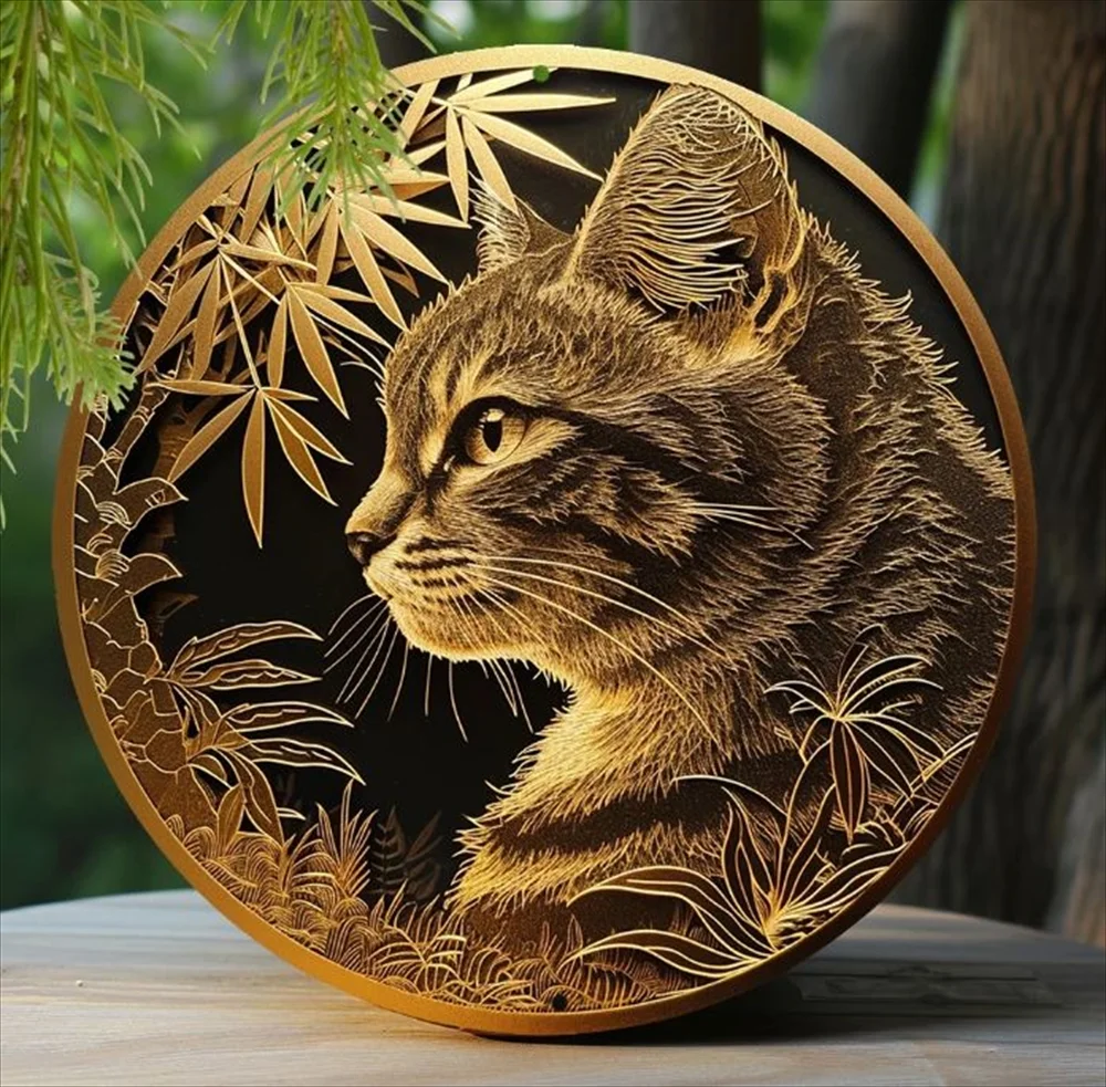 猫モチーフ円形メタルウォールアート タイプA ゴールド×ブラック