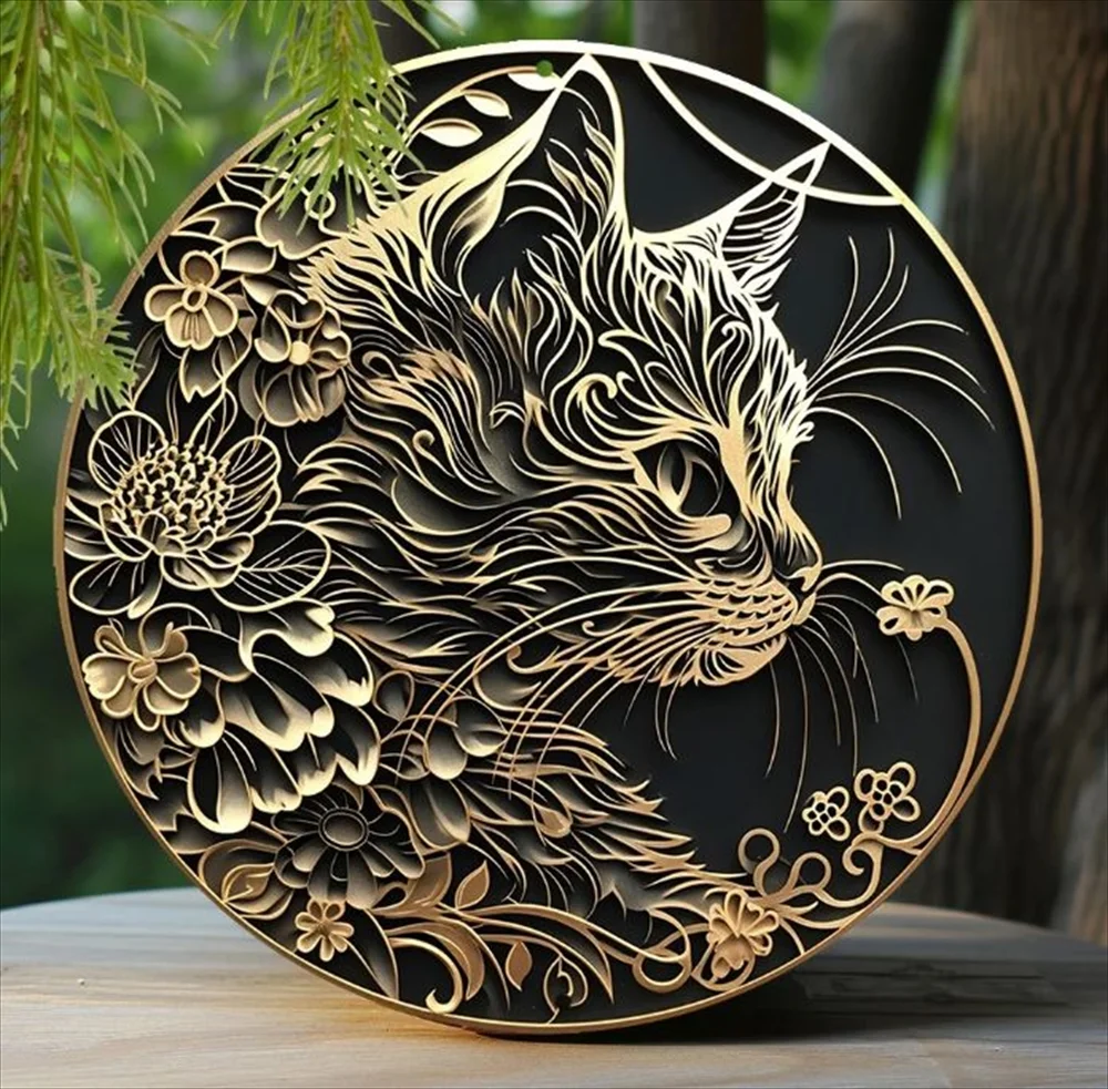 タイプB 花柄と猫のゴールドメタルアート