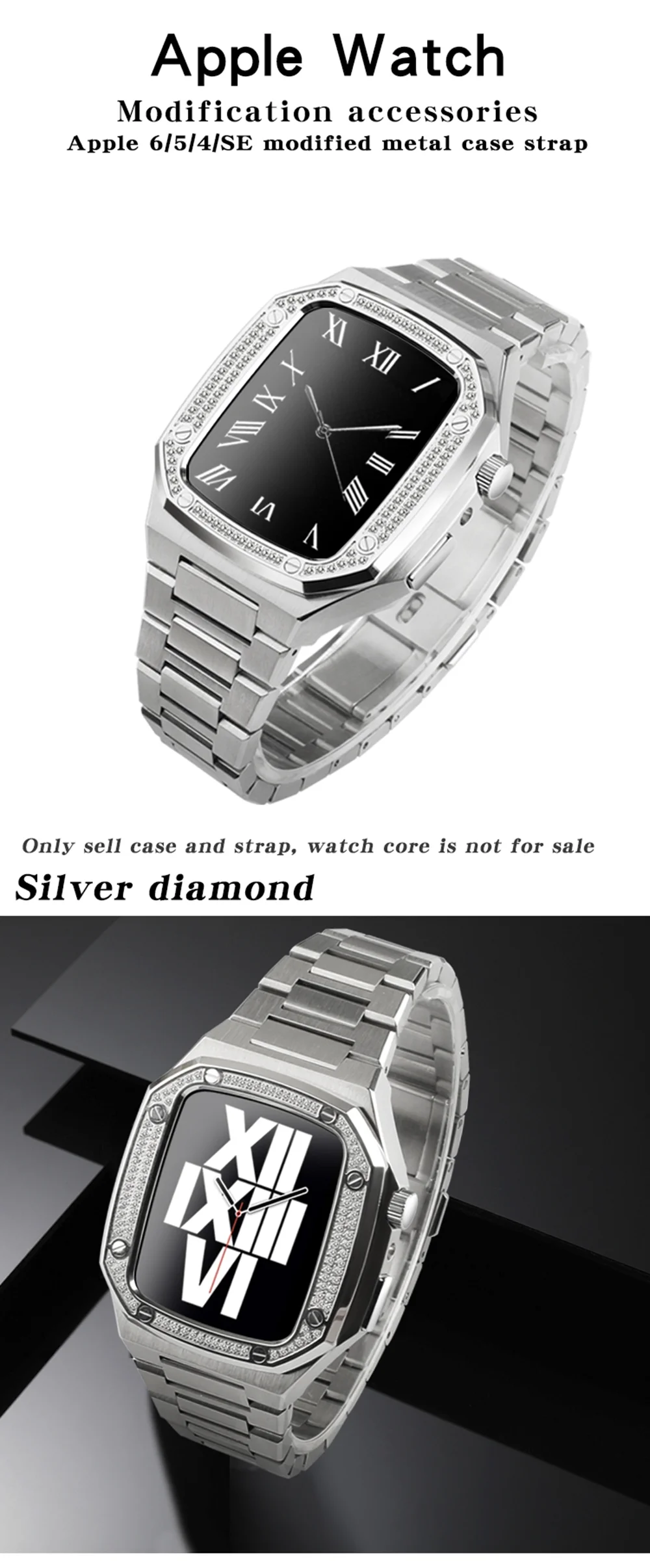 Apple Watch メタルカスタムケース＆ステンレスバンドセット シルバーダイヤモンド