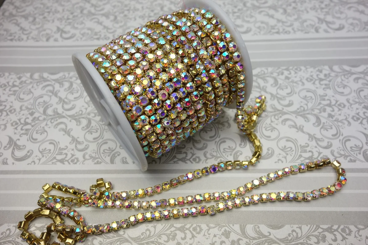 ラインストーンチェーン ABカラー ゴールド台座 ロールタイプ