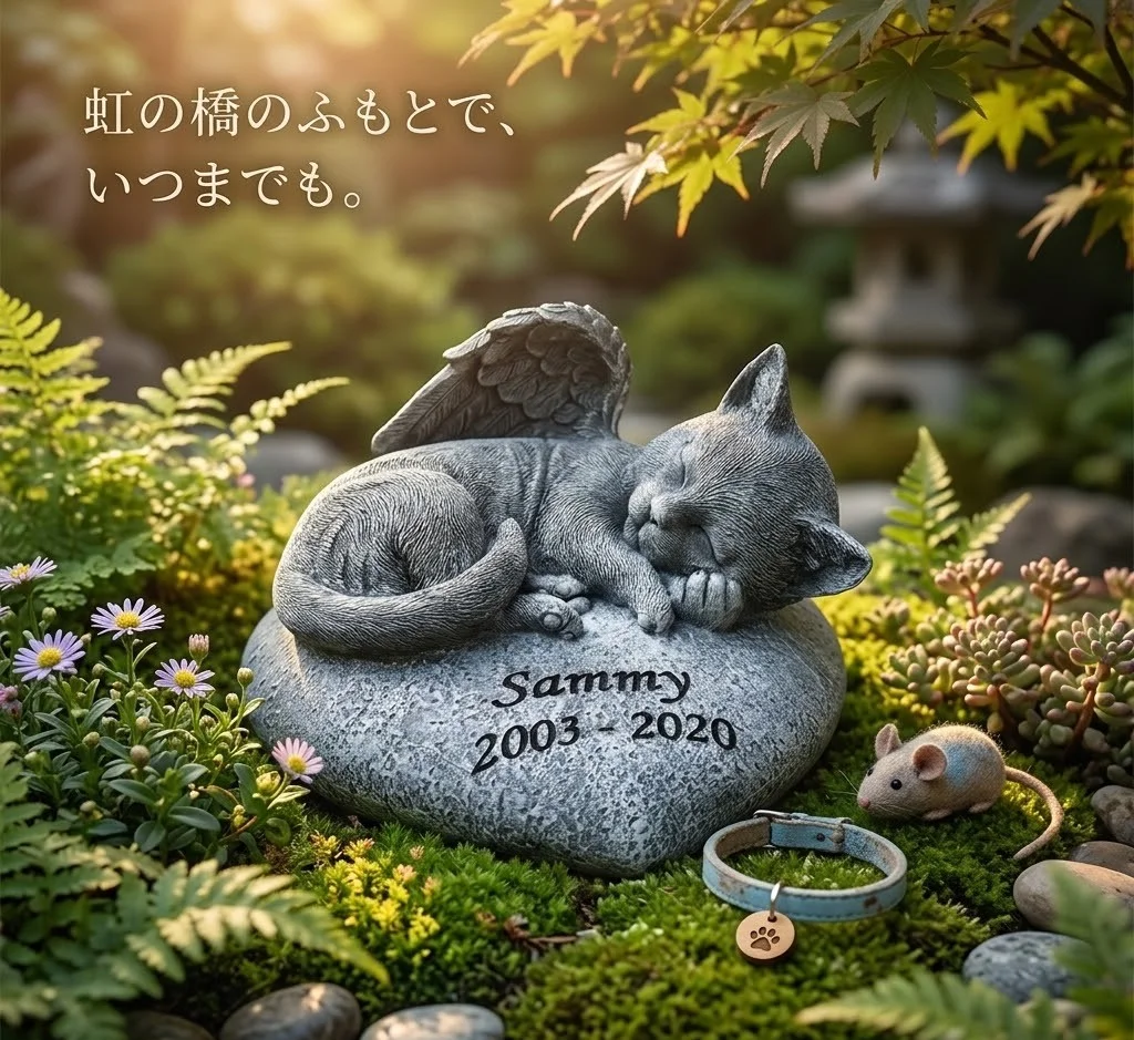 名入れ猫メモリアルストーン 天使の翼 ハート型 庭置きイメージ