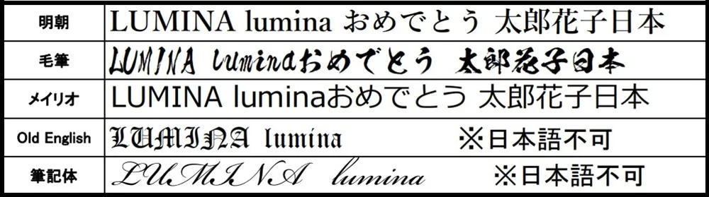 名入れ書体サンプル一覧(明朝・毛筆・メイリオ・Old English・筆記体)