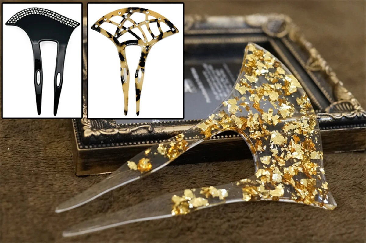 バチ型かんざし クリア樹脂 金箔・銀箔・べっ甲・ラインストーン 全デザイン