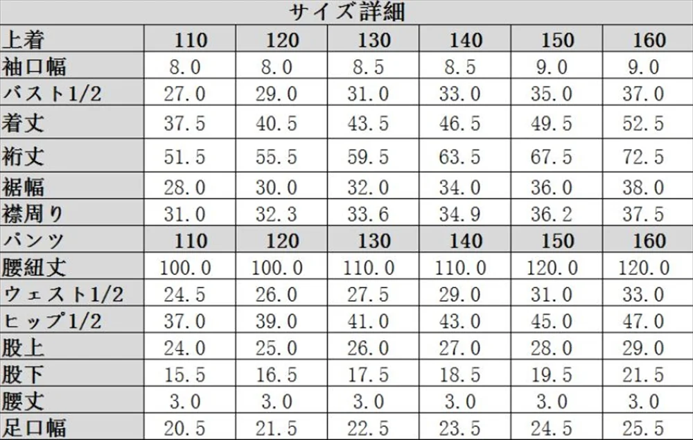 サイズ詳細表 上着・パンツ 110〜160cm