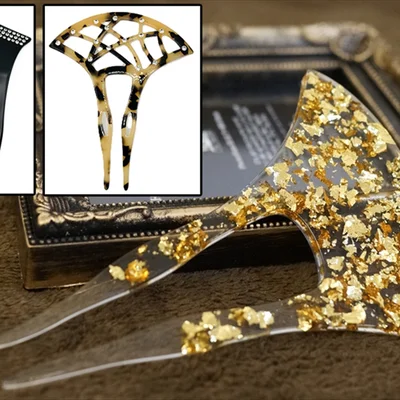 バチ型かんざし クリア樹脂 金箔・銀箔・べっ甲・ラインストーン｜浴衣・着物・成人式・結婚式に映えるヘアアクセサリー