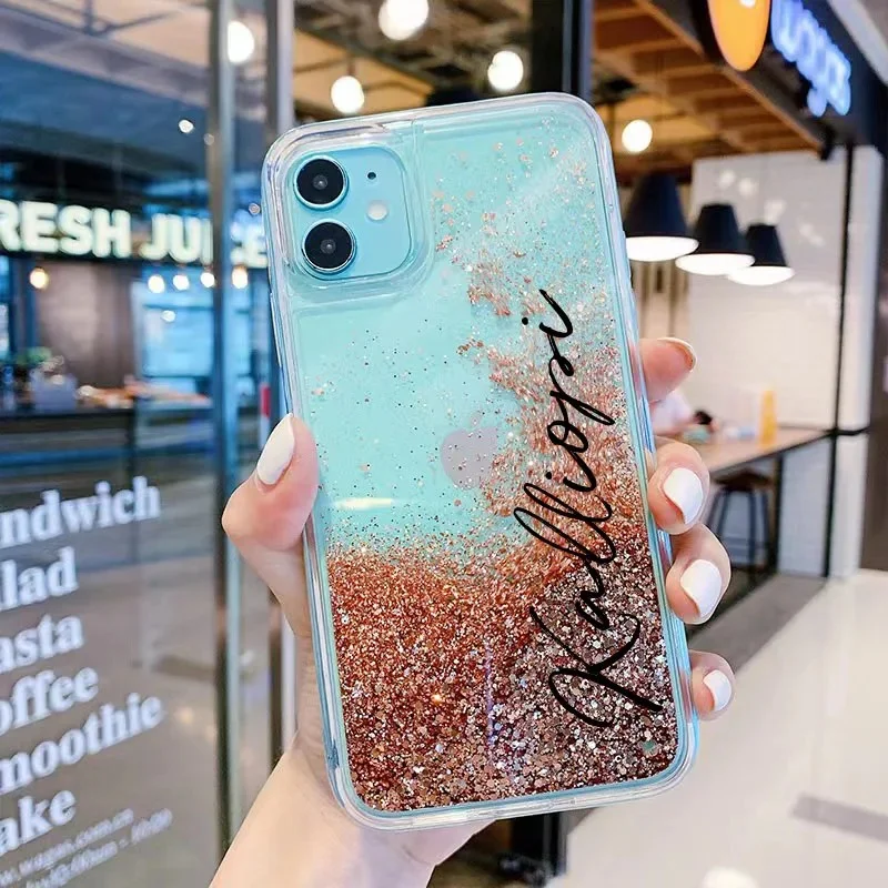 名入れ グリッターケース ブルー ゴールドラメ