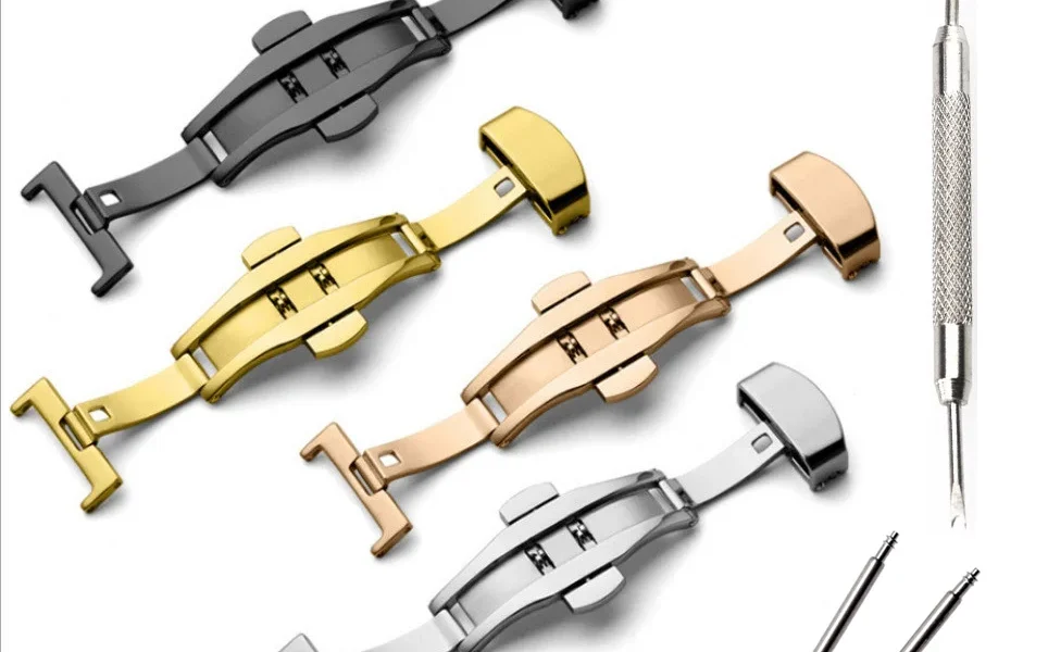 Dバックル ステンレスプッシュ式観音開き｜時計ベルト交換を快適にするバネ棒セット付き留め具