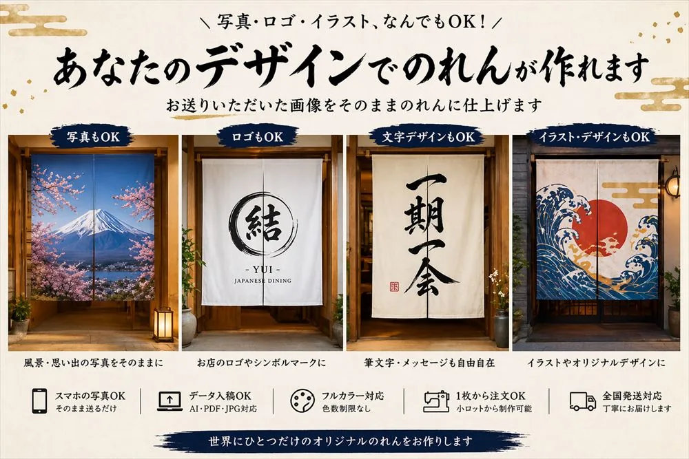 写真・ロゴ・筆文字・イラストに対応したフルカラーオーダーのれんの作例