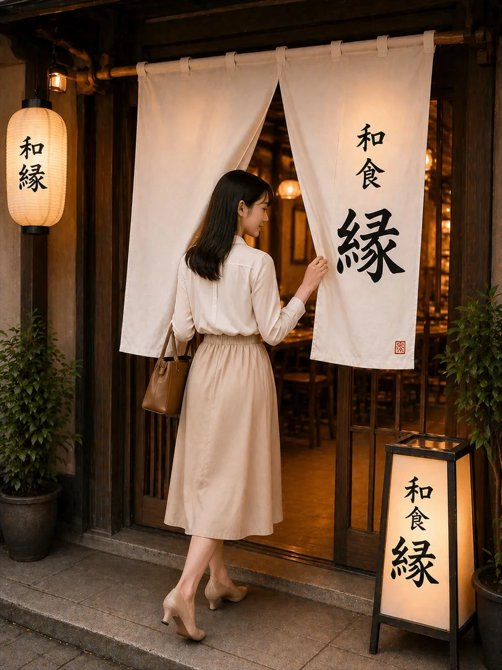 オーダーメイドのれんの使用イメージ(和食店の軒先にかかる名入れ暖簾)